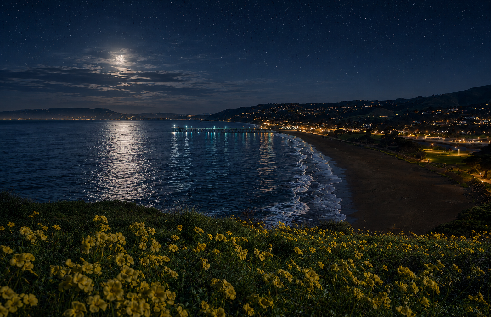 Full moon over Pacifica Bay at night, pier lights reflecting on the water, yellow wildflowers in the foreground